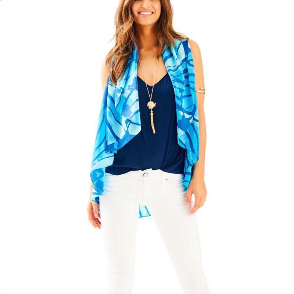 Lilly Pulitzer Sleeveless Open Front Get Inky Stasia Blue Silk Vest